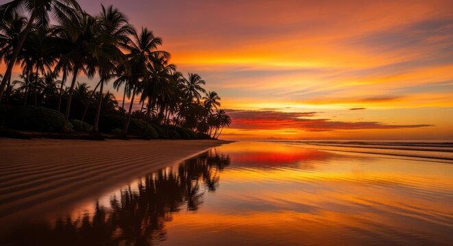 Vibrant tropical sunset over a serene beach with palm trees and reflective water - Powered by Adobe