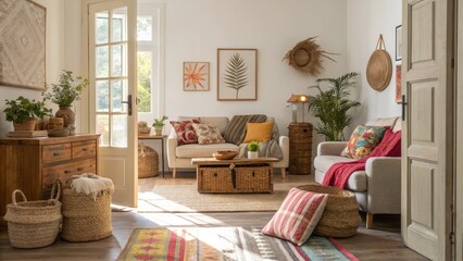 Fototapeta premium Bohemian Living Room Composition, Interior Design, Cozy Decor, Sunlit Space, Woven Textures, Neutral Palette, Natural Elements Bohemian