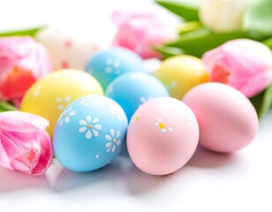 Easter eggs and tulips on white background