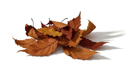 A cluster of dry, fallen leaves in shades of brown and yellow rest on white backdrop.