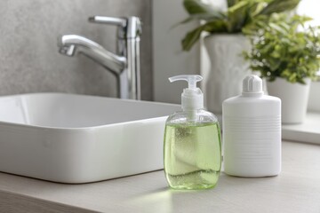 Green plastic dishwashing gel bottle on bright clean kitchen tabletop. White sink and washing-up bottle. Liquid dish soap container on the table, a stack of plates in the background. Cleaning product