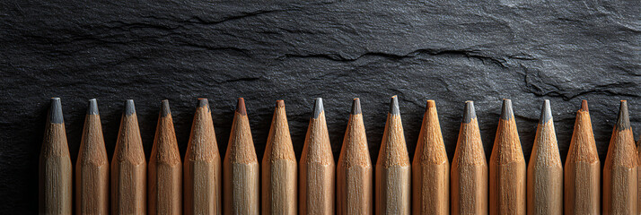 A neat row of sharpened pencils on a dark textured background. A concept for creativity, education, writing, or design, with a focus on uniformity and order.

