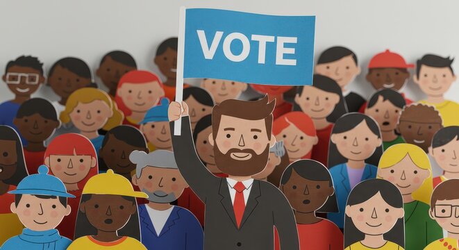 Voice Your Choice: A spirited group of diverse individuals, gathered with purpose and conviction, united by the call to vote, under a flag of civic engagement and democracy. - Powered by Adobe