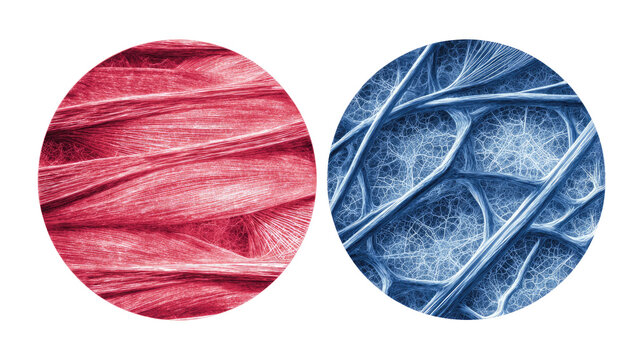 Microscopic views of tissue samples. Two circular images, side-by-side, di