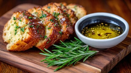 Freshly baked garlic bread slices and olive oil with herbs arranged on a wooden cutting board, a delightful culinary experience.