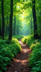 Obraz premium Serene forest trail winding through lush greenery, dappled sunlight filtering through leaves Perfect for travel, adventure, nature, and hiking themed projects , backpacking, background, growth