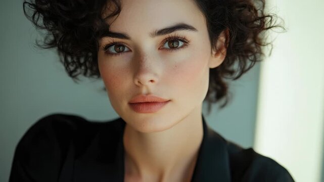 A close-up shot of a woman wearing a black jacket, with no additional context