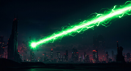Futuristic Cityscape Under Attack with Powerful Green Energy Beam Striking Through the Night Sky a Cyberpunk Dystopian Scene