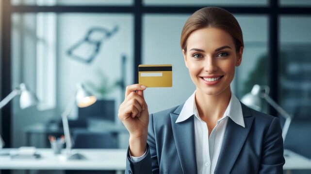 Woman showing gold credit card in office, demonstrating financial payment and banking convenience.