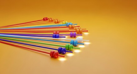 Colorful beaded drinking straws arranged on a yellow surface, studio shot