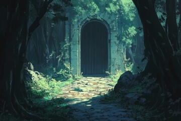Mysterious door stands in the middle of an enchanted forest, inviting exploration and discovery