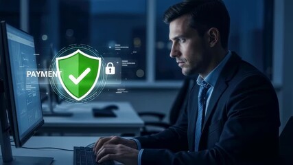 Man using computer for secure online payment with digital shield and lock icons, financial technology concept and transaction footage. - Powered by Adobe