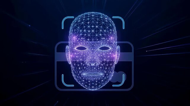 Payment identification through facial recognition technology. AI security scanning money card. Biometric face id for digital transaction.