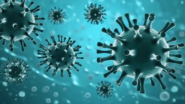 Detailed scientific visualization of infectious virus cells multiplying and spreading rapidly in a microscopic environment ideal for medical research and educational content