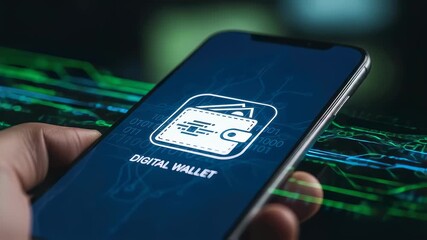 Man holding smartphone with digital wallet app, showing secure electronic payment and financial technology footage. - Powered by Adobe