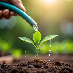 Close-Up of Hands Watering Young Plant with Garden Hose – Eco Sustainability Concept