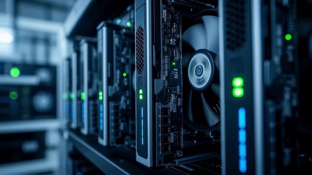 Closeup of server blades and cooling fans inside an AI supercomputer emphasizing intricate hardware design in a professional build floor environment.