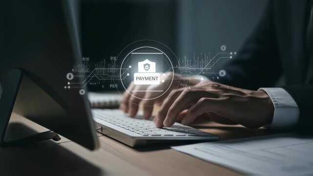 Man typing on keyboard with secured online payment network overlay. Digital transaction and security footage.