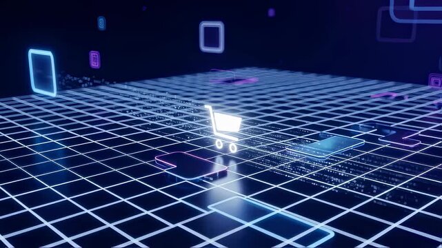 AI payment confirmation for online shopping. Futuristic smart cart on digital grid. Technology, payment, and face ID concept. Footage.