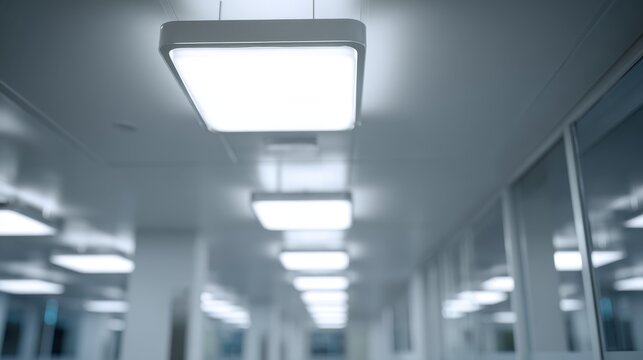 Medium shot showing automated ceiling lights responding to room occupancy illustrating intelligent energy savings with blurred environment details.