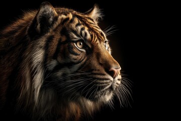 Obraz premium A majestic tiger gazes intently into the distance, its striking fur illuminated against a dark background