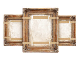 Three aged wooden picture frames, stacked and taped together, display blank, off-white canvases