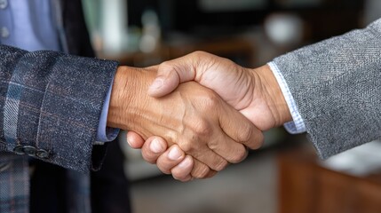 Close-up of two hands in a firm handshake, symbolizing agreement and partnership. The gesture takes place indoors