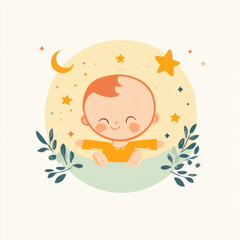 Adorable baby with orange hair smiling and hiding behind a crescent moon surrounded by stars and plants