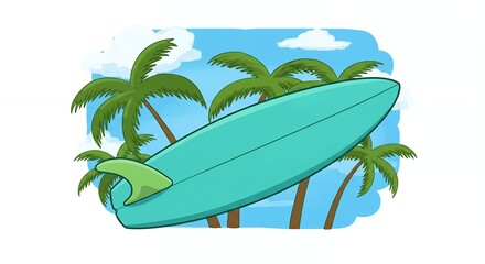 Teal surfboard illustration against palm trees