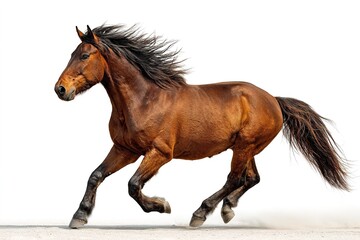 Obraz premium Strong brown horse galloping gracefully across a sandy ground with flowing mane and tail in bright sunlight