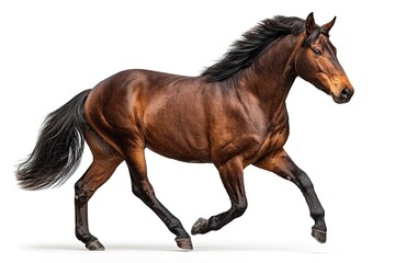 Obraz premium Beautiful brown horse gracefully galloping in a studio setting with white background captured in natural light
