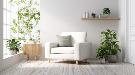 Bright interior with white armchair, plants, wooden cabinet, shelf, and abundant natural light