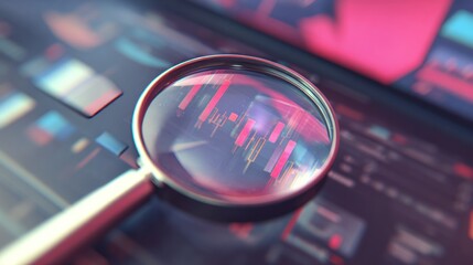 Magnifying glass focusing on stock market data