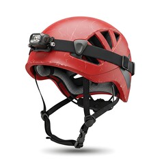 Fototapeta premium Red climbing helmet with headlamp for outdoor adventures isolated on white