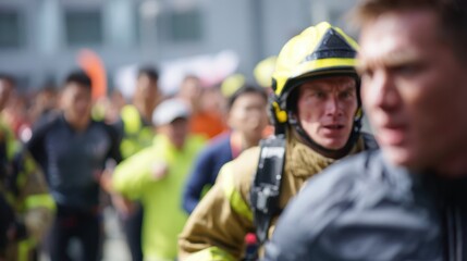 Medium shot of trainees practicing fire evacuation drills main subject in sharp focus with other participants out of focus behind.