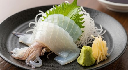 Exquisite squid sashimi presentation with garnish on a dark plate surface