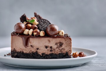 Oreo Cake with chocolate sprinkles, cookies, and nuts, which. Round brown cake with smooth creamy beige frosting. Chocolate mousse cake. Luxurious settings. Birthday cake. Oreo-decorated drip cake