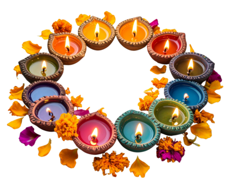 Multiple Festive Diyas with Marigold Petals Arrangement, artistic composition, isolated background 