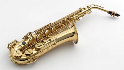 High-Angle Close-up of Gold Alto Saxophone, Musical Instrument, Jazz, White Background Saxophone, Musical Instrument