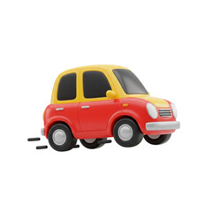 Cute 3D Cartoon Car Driving Fast. Red and Yellow Stylized Vehicle with Speed Lines on White Background. Modern Minimalist Graphic for Transport, Delivery, Travel Concepts.