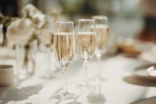Party and holiday celebration concept. Many glasses of champagne on the table in the restaurant. Waiter pouring white sparkling wine from bottle to glass. Drinks Serving. Weekend festival, wedding