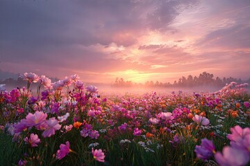 Fototapeta premium Beautiful wildflowers meadow at sunset wallpaper