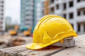 Protective yellow helmet on a blurred building construction site background. Close-up safety hard hat with partially built house. Planning and construction management. Engineers supervising. Labor Day