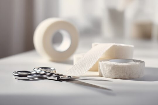 Medical scissors and rolls of white adhesive tape are arranged on a clean, white surface in bright natural light
