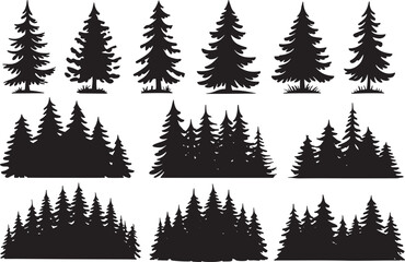 Collection of silhouetted evergreen pine trees for forest scene design and nature graphics white background