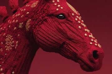 Obraz premium Unique knitted horse sculpture showcases intricate craftsmanship in vibrant red color for art lovers
