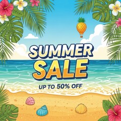 Fototapeta premium Vibrant Summer Sale Promotion with Tropical Beach Elements Illustration