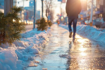 pedestrian walking to work on icy sidewalk