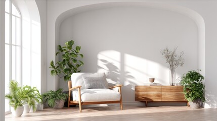 Bright, sunlit room with white walls, archways, chair, cabinet, & lush green plants