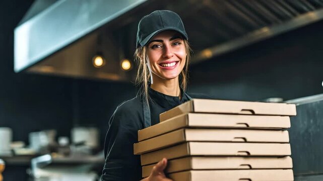 Smiling young delivery woman in cap and uniform holding stack of pizza boxes in pizzeria. Takeaway food concept, pizza delivery, fast food